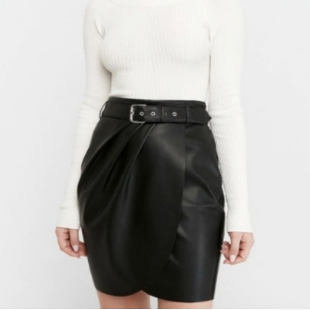 Express S0 Belted Wrap Fux Black Leather Skirt